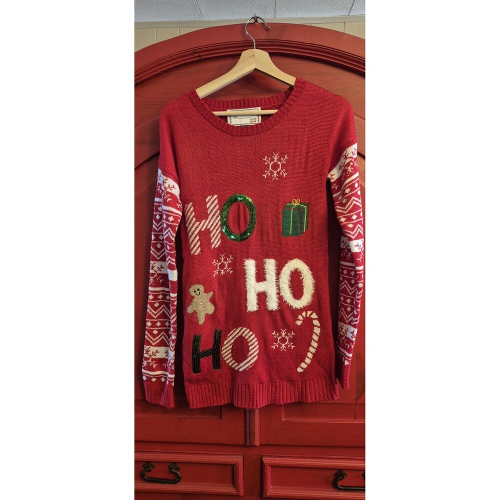 Christmas Sweater Large Ho Ho Ho Sequins Sparkle Red White Candy Cane EUC